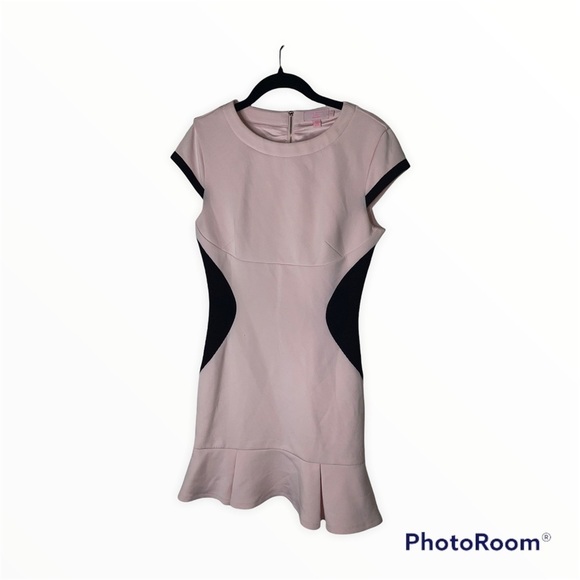 TED BAKER Pink Black Ruffle Hem Short Sleeve Color Block Mini Dress, Sz 2 (4-6) - Picture 2 of 7